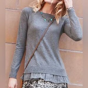 Garnet Hill Women’s Soft Gray Cashmere Sweater Lace Accent around Hem Large